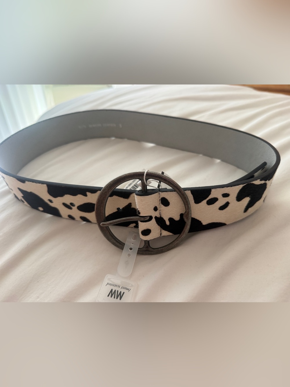 NWT Cow print Leather Belt With Pewter Metal Buckle Size S